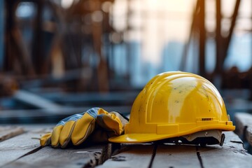 A yellow hard hat and a pair of work gloves sit on a wooden plank. Blurred background