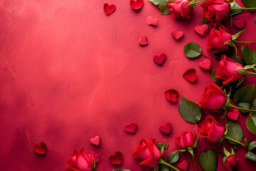 Valentines day background with heart and rose petals. 3d rendering, copy space, celebrating love