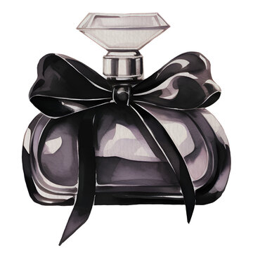 Black glass perfume bottle with bow. stly vintage,watercolor illustration