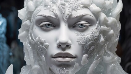 White ice sculpture of scary face, looking beautiful and gorgeous Generative AI