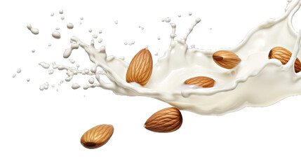 Collection of PNG. Milk splash with almonds isolated on a transparent background.