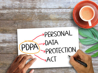 Personal Data Protection Act, PDPA letters written on white paper and cup of coffee on wooden...