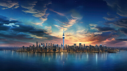 Panoramic space snapshot of Earths grandeur,  capturing the luminosity of city lights against the...