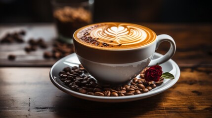 Elegant latte art image with a shape of heart on top of double espresso