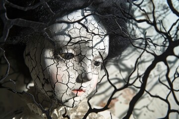 A haunted doll with cracked porcelain and a ghostly presence Old mystical scary horror doll