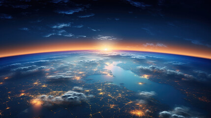 Celestial marvel: Panoramic Earth view from space,  with city lights casting a vibrant glow amid the ever-shifting light clouds,  offering a glimpse into the magic of different seasons