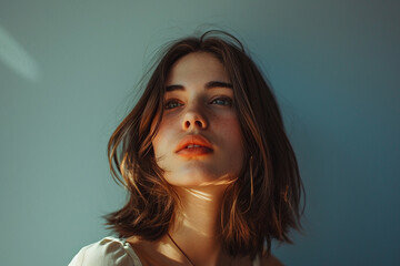 Fototapeta premium portrait of a fashion young woman in a studio muted color background and minimalistic 
