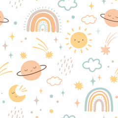 Bohemian baby pattern on white background. Seamless pattern in boho style with moon, sun and rainbow for textiles or fabric for newborns