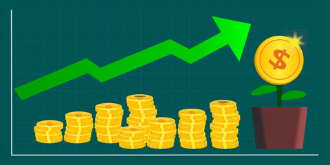 Wealth growth concept stock market dollar plant gold coins as money appreciation