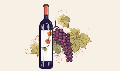  illustration of a bottle of wine and a grapes