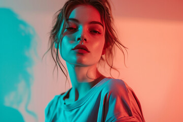 portrait of a fashion young woman in a studio muted color background and minimalistic 