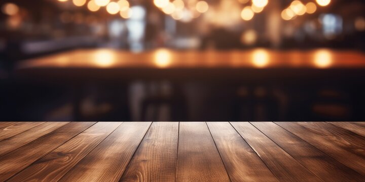 Blurred background with wooden table at restaurant.