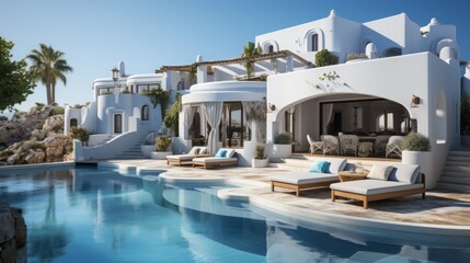Fototapeta premium Blue blanc patern exterior villa, blue and white, very realistic, real life,