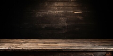 Naklejka na ściany i meble Dark backdrop with worn wooden table and direct light.