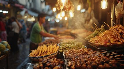  An enticing street food market scene at dusk featuring sizzling skewers and an array of exotic delicacies, with vendors and patrons in soft focus background.