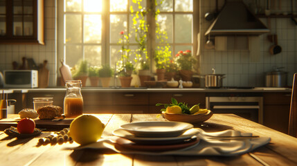 A serene breakfast scene with morning light streaming through the window, highlighting a wooden table set with plates, fresh juice, and vibrant citrus fruits, embodying a peaceful start to the day.
