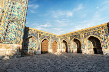 the Sher-Dor Madrasah at the Registan Square in Samarkand, Uzbekistan. The Registan is a popular...