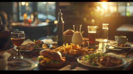 An inviting dining table set in a casual eatery, adorned with an array of gourmet dishes including a classic burger, golden fries, and a selection of beverages, highlighted by the soft glow of sunset.