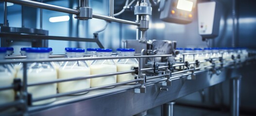 Automated milk production line at dairy factory. Industrial technology. - obrazy, fototapety, plakaty