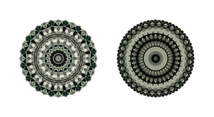 Set of decorative art round geometric patterns in mosaic style isolated on white.