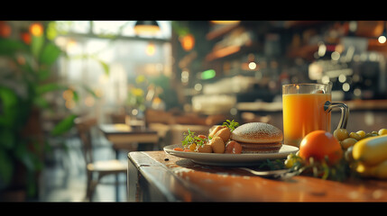 Morning light floods a café, highlighting a wholesome breakfast of a seeded bread sandwich and fresh orange juice, promising a refreshing start to the day.