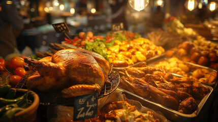 The warm ambience of a gourmet market stall showcases a succulent roasted chicken, accompanied by a variety of roasted meats and vegetables, under the glow of hanging Edison bulbs.