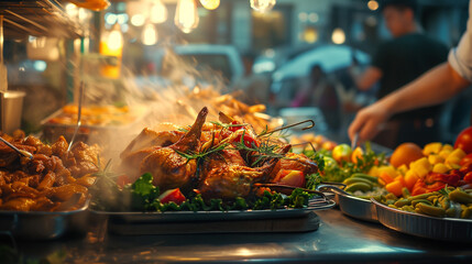 A street food serves up aromatic roasted quails, garnished with fresh herbs, amidst a bustling atmosphere and a feast of colorful fresh vegetables, capturing the essence of vibrant outdoor dining. - obrazy, fototapety, plakaty