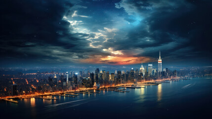 Fototapeta premium Earths captivating beauty in panoramic splendor, city lights illuminating the surface amid the ever-shifting light clouds that narrate the story of changing seasons