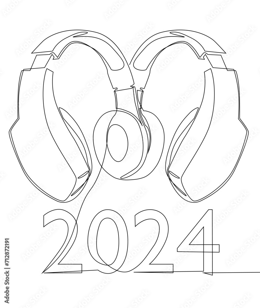 Poster One continuous line of Headset and number 2024. Thin Line Illustration vector concept. Contour Drawing Creative ideas.