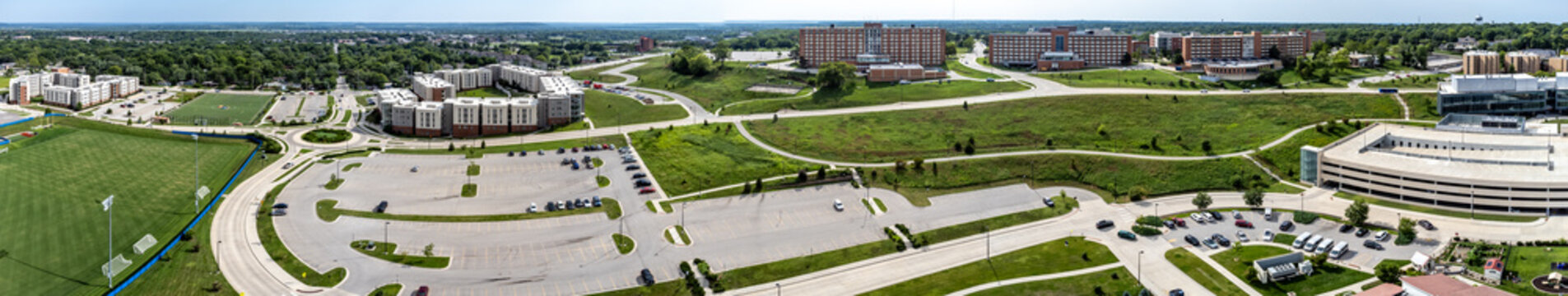 Lawrence, Kansas, USA - 7.2023 - Drone view of the University of Kansas Jayhawks college campus. 