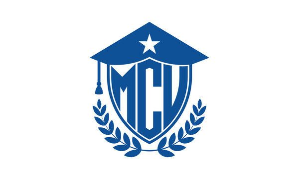 MCU three letter iconic academic logo design vector template. monogram, abstract, school, college, university, graduation cap symbol logo, shield, model, institute, educational, coaching canter, tech