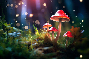 a group of mushrooms in a forest with lights - obrazy, fototapety, plakaty