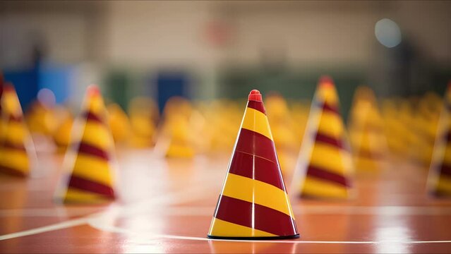Closeup of cones set up in a zigzag pattern for dribbling drills.