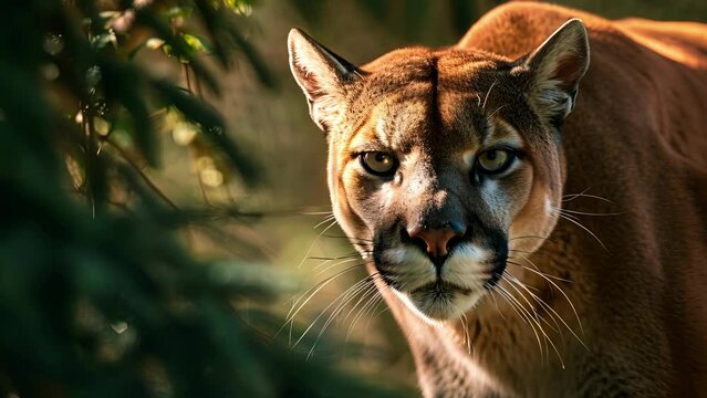 Closeup of a pumas alert and watchful face camouflaged by the dappled sunlight as it moves stealthily through its natural habitat