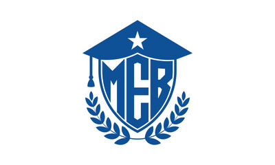 MEB three letter iconic academic logo design vector template. monogram, abstract, school, college, university, graduation cap symbol logo, shield, model, institute, educational, coaching canter, tech
