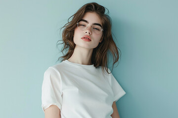 Fototapeta premium portrait of a fashion young woman in a studio muted color background and minimalistic