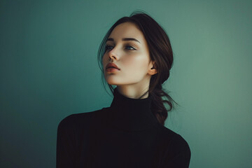 portrait of a fashion young woman in a studio muted color background and minimalistic