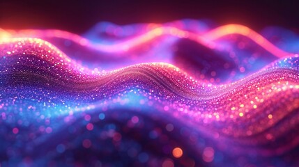 Curved, neon wave with an iridescent sheen in 3D. Abstract, multicolored background enhancing the holographic effect. HD realism. - obrazy, fototapety, plakaty