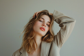 Naklejka premium portrait of a fashion young woman in a studio muted color background and minimalistic