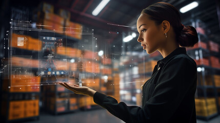 a female worker in a distribution center, actively engaging with a tablet and augmented reality application for inventory analysis in a futuristic technology warehouse concept
