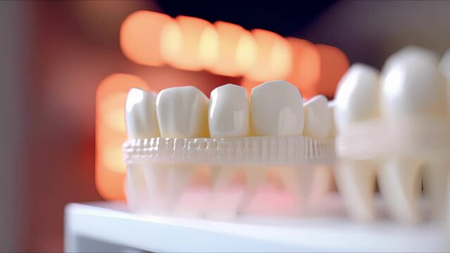 Closeup of a 3D printed model of a patients teeth, created using data from AI dental software.