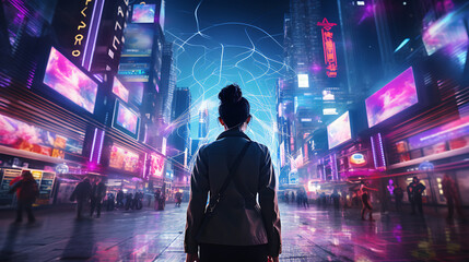 Naklejka premium A woman walks through a futuristic cityscape lit with neon lights. The concept of a colorful world at night, in Futuristic Neon light. Generative AI illustration 