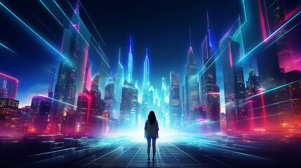 A woman walks through a futuristic cityscape lit with neon lights. The concept of a colorful world at night, in Futuristic Neon light. Generative AI illustration  - obrazy, fototapety, plakaty