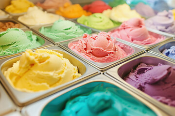 Selection of colorful artisanal ice cream flavors in trays in gelateria
