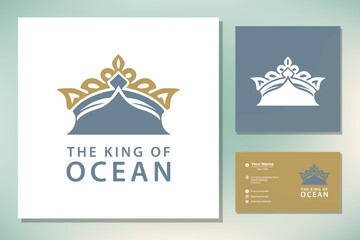 Golden Trident King Crown with Ocean Sea Wave and Bird logo design - obrazy, fototapety, plakaty