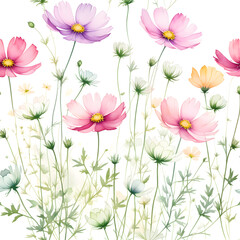 Fototapeta premium baby-cosmos-flowers-forming-a-delicate-frame-watercolor-illustration-in-minimalist-style