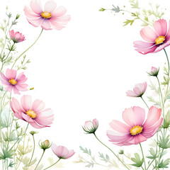 Fototapeta premium baby-cosmos-flowers-forming-a-delicate-frame-watercolor-illustration-in-minimalist-style