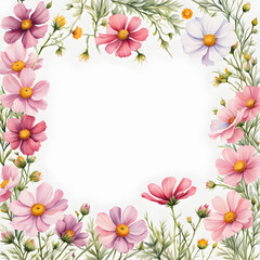 Naklejka na ściany i meble baby-cosmos-flowers-forming-a-delicate-frame-watercolor-illustration-in-minimalist-style