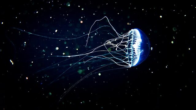 Underwater, mystery, Blackwater diving, Deep sea glowing  large jellyfish floating and shining in the dark, macro marine life,luminescent cells