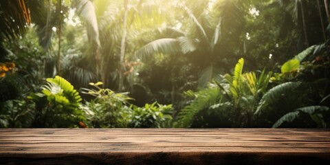 Lively image of rustic wooden table amidst jungle.